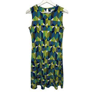 Calvin Klein Sleeveless Flare Dress Women’s 4 Blue Yellow Geometric Work Style